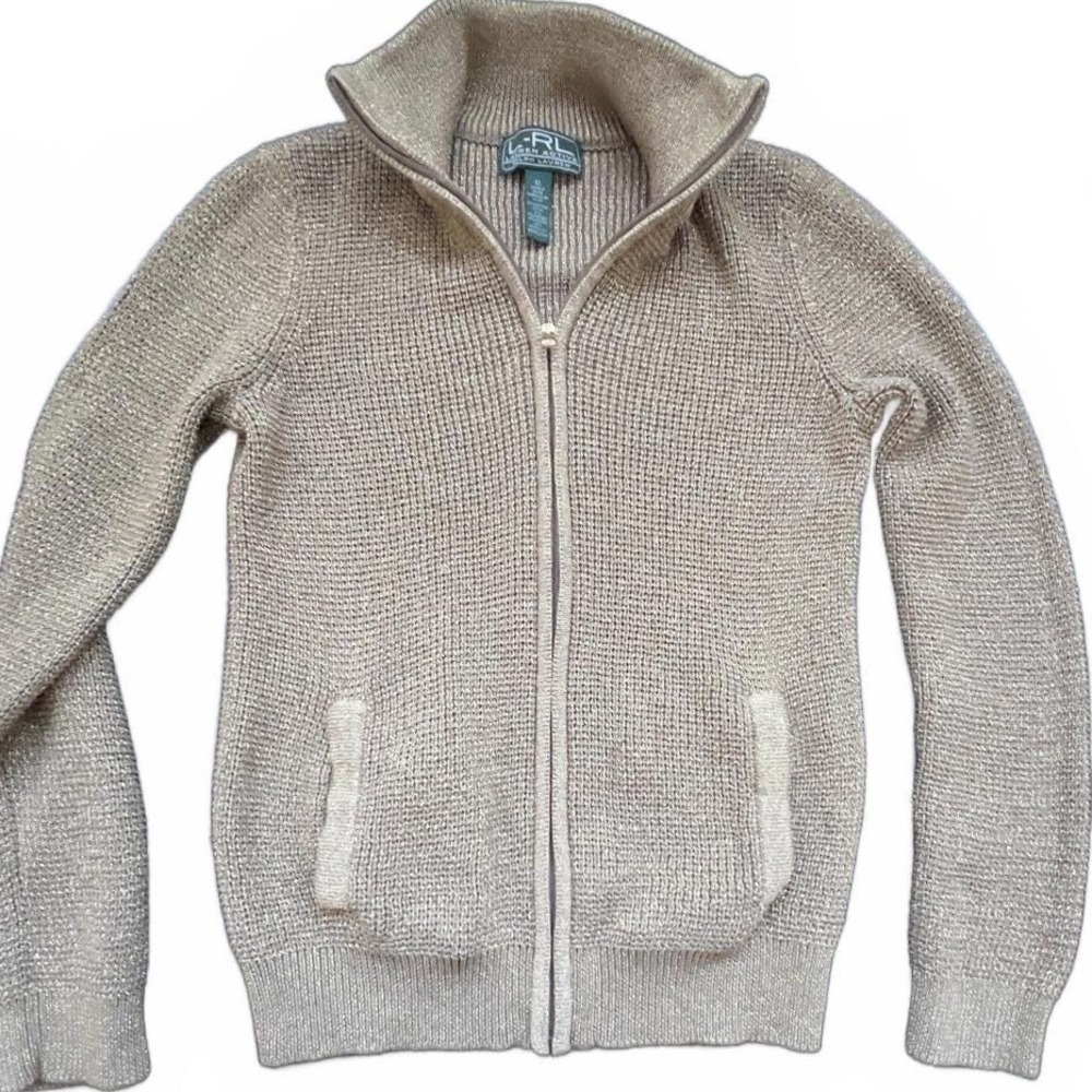 Ralph Lauren‎ RL Lauren Active GOLD Metallic Zip-Up Sweater  - Medium